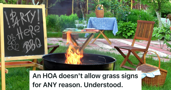 grill with open flame and sign that reads "party here"