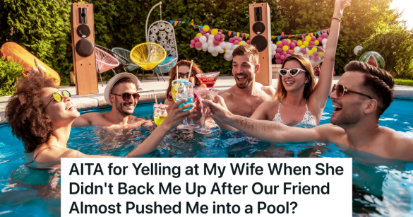friends toasting drinks in a swimming pool