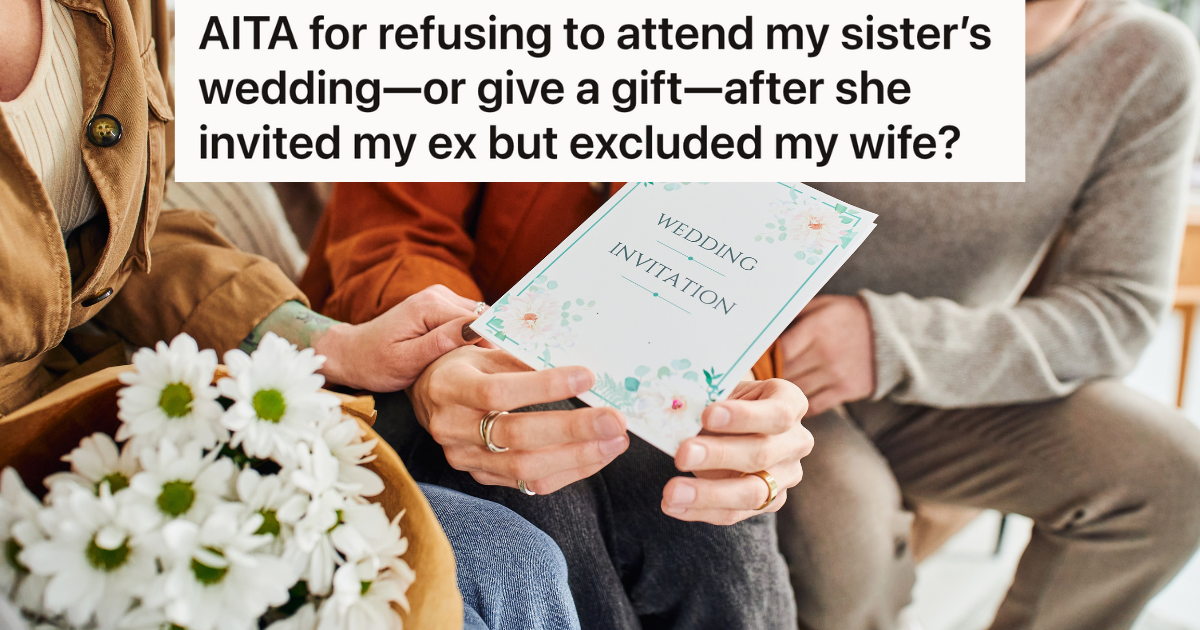 couple handing a wedding invitation to a friend holding flowers