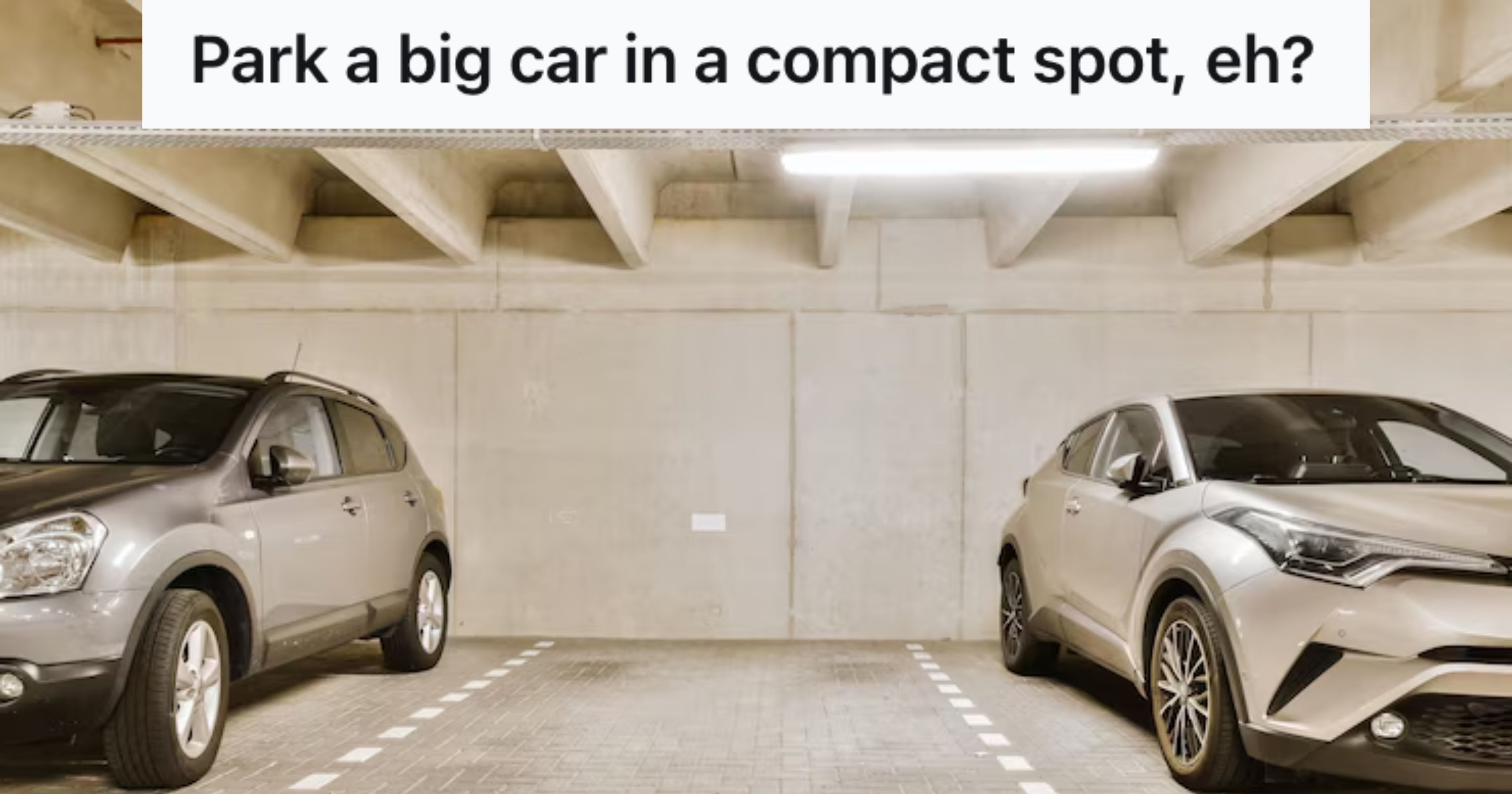 An open parking spot in between two parked vehicles