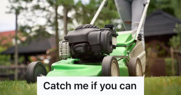 Person cutting the grass in the yard with his push mower