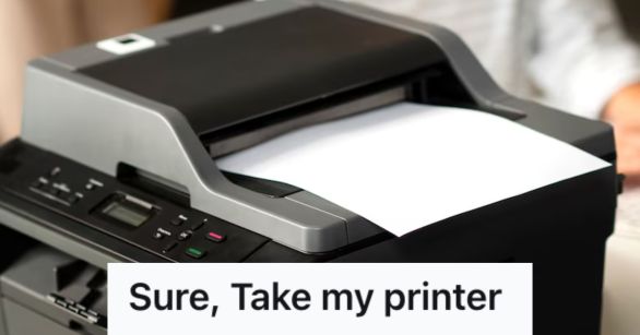 Black printer with a white sheet of paper