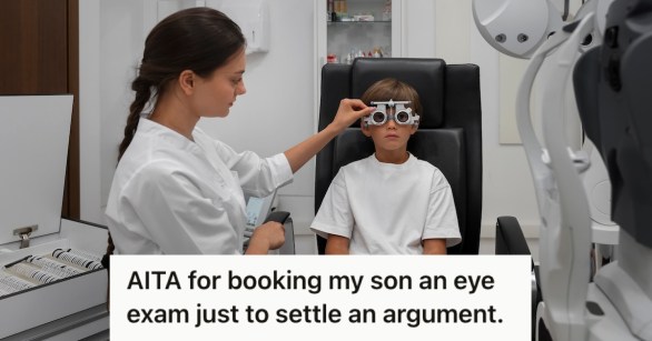 Little boy getting measured for eye glasses by an optometrist