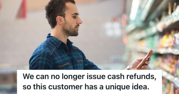 Man shopping for goods and looking at a product intently