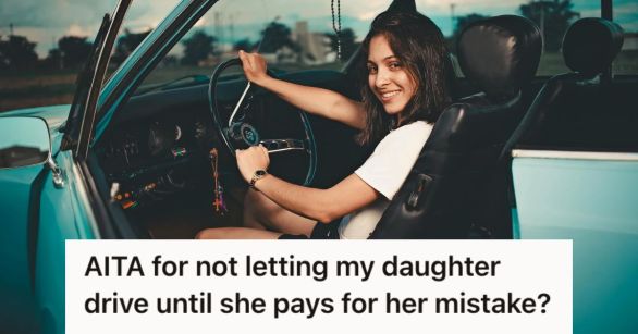 Teenage girl sitting on the driver seat and holding on to the steering wheel of a car