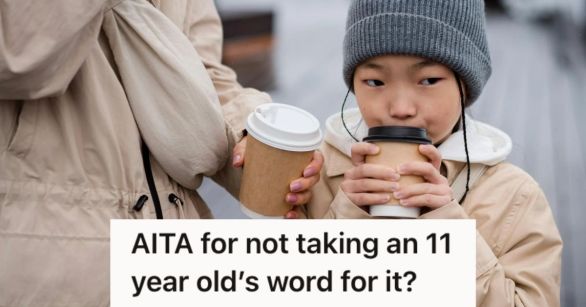 An adult and a kid drinking coffee from a take out cup