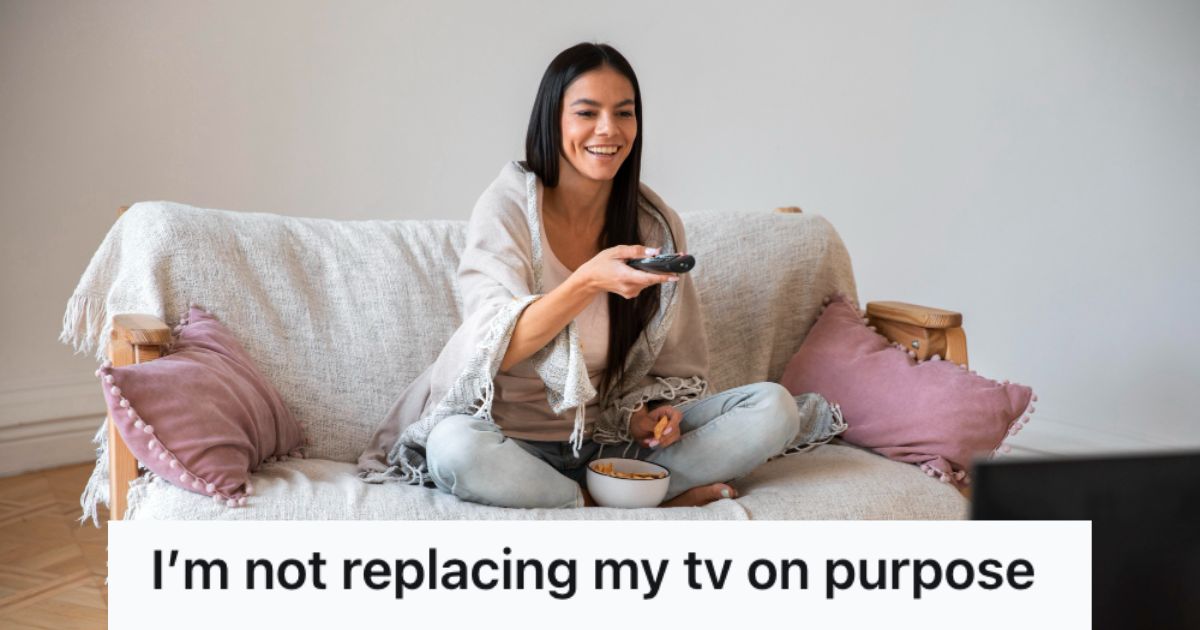 Woman holding the remote control and watching TV while eating some snacks