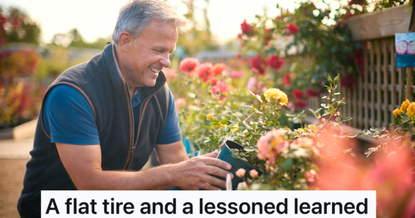 older man watering flowers