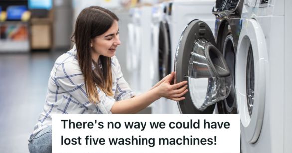 Female customer looking at washing machine display in an appliance store