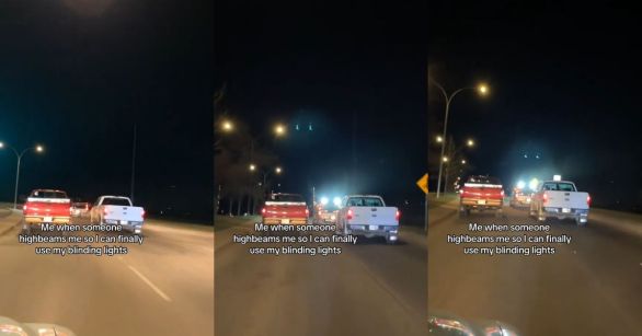 Three trucks on the highway at night