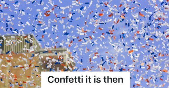red white and blue confetti outside
