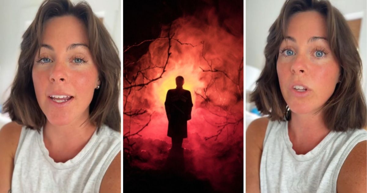 Woman talking to camera, creepy guy