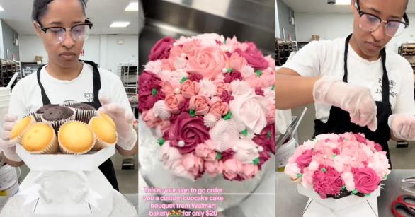 A woman decorates a cupcake bouquet.
