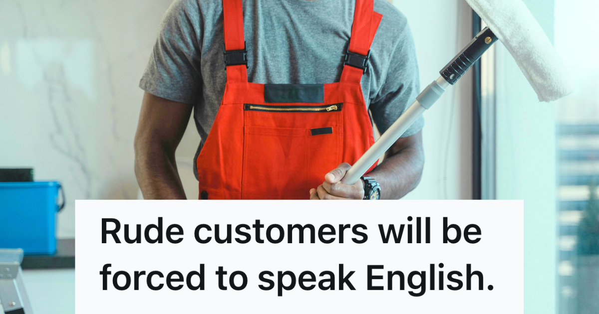 janitor wearing overalls holding a mop