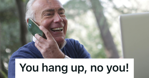 old man smiling and talking on the phone