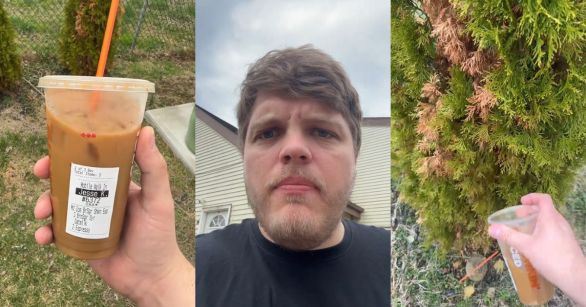 A man watering plants with a coffee