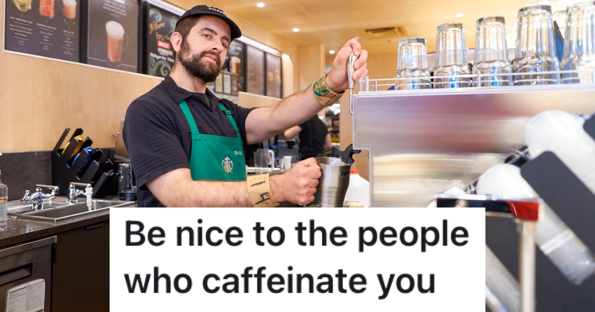 a starbucks worker behind a counter