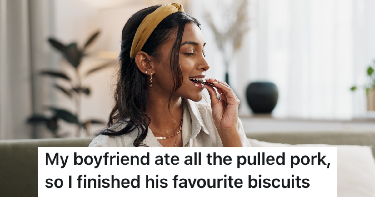 Her Boyfriend Ate All Her Food, So She Polished Off A Bag Of The Chocolate Biscuits He Likes young woman eating chocolate