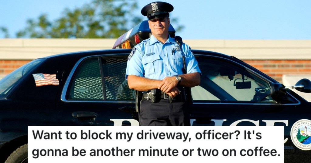 police officer leaning against his car
