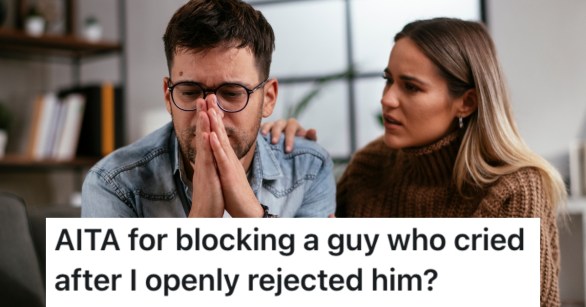 man crying next to a woman on a couch