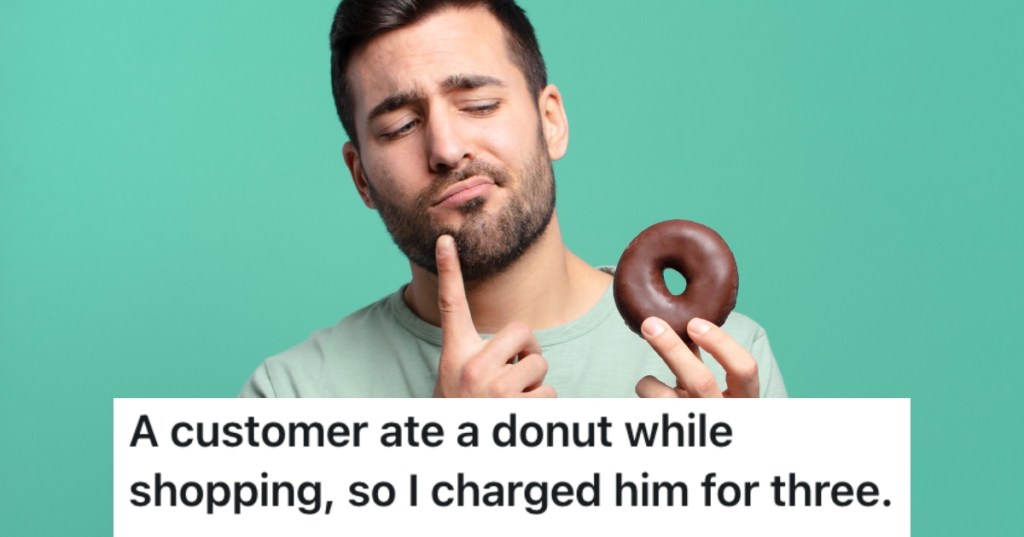 A Customer Ate A Donut Without Paying For It, So The Employee Rang Him Up For Three Of Them man eating a donut