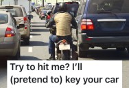 Driver Was Rude To This Motorcyclist, So They Acted Like They Keyed Her Car While Stuck in Traffic
