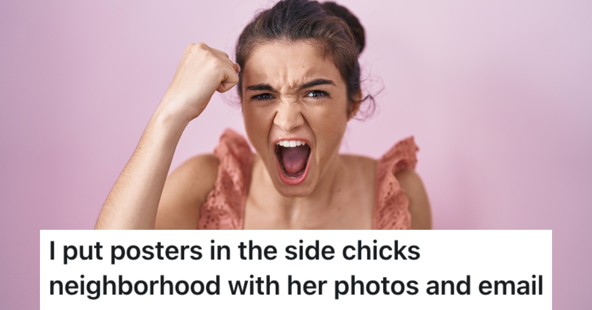She Found Out Her Husband Was Cheating On Her, So She Hung Unflattering Posters Of The Other Woman All Over Town upset woman raising her fist