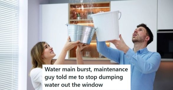 Twp people with buckets and water leak