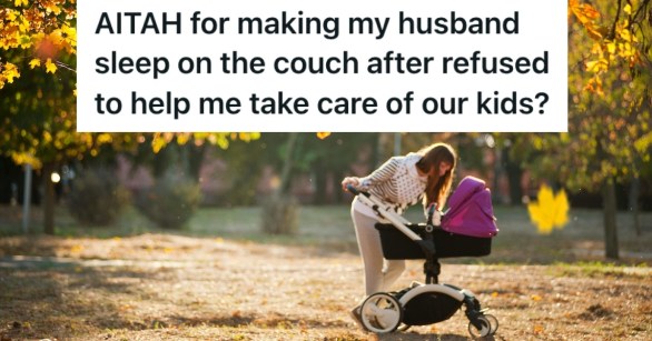 A woman with a stroller in the fall