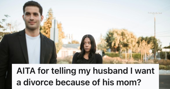 A woman frowning as her husband looks in the other direction smiling