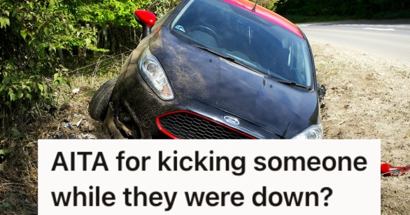 A totalled car in a ditch