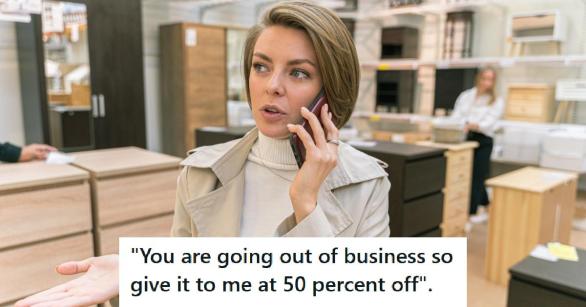 Woman with a Karen hair cut standing in a furniture store on the phone
