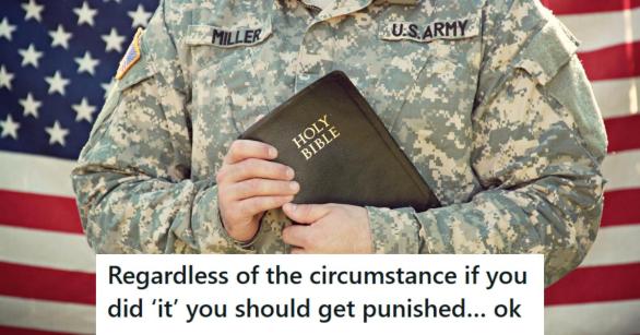 Army soldier holding a Bible and standing in front of the USA flag