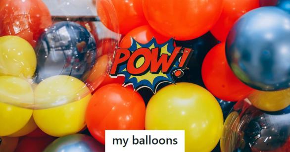 Colorful balloon arrangement with the word "POW" in the middle