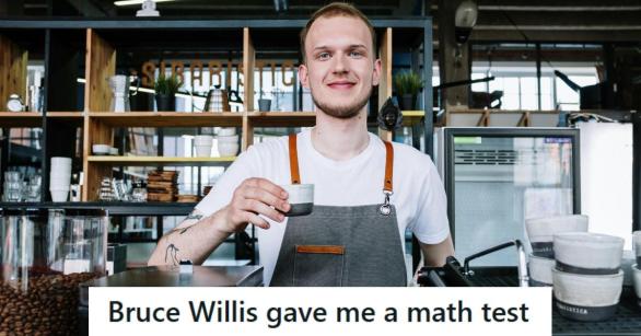 Young male coffee barista reflecting on meeting Bruce Willis