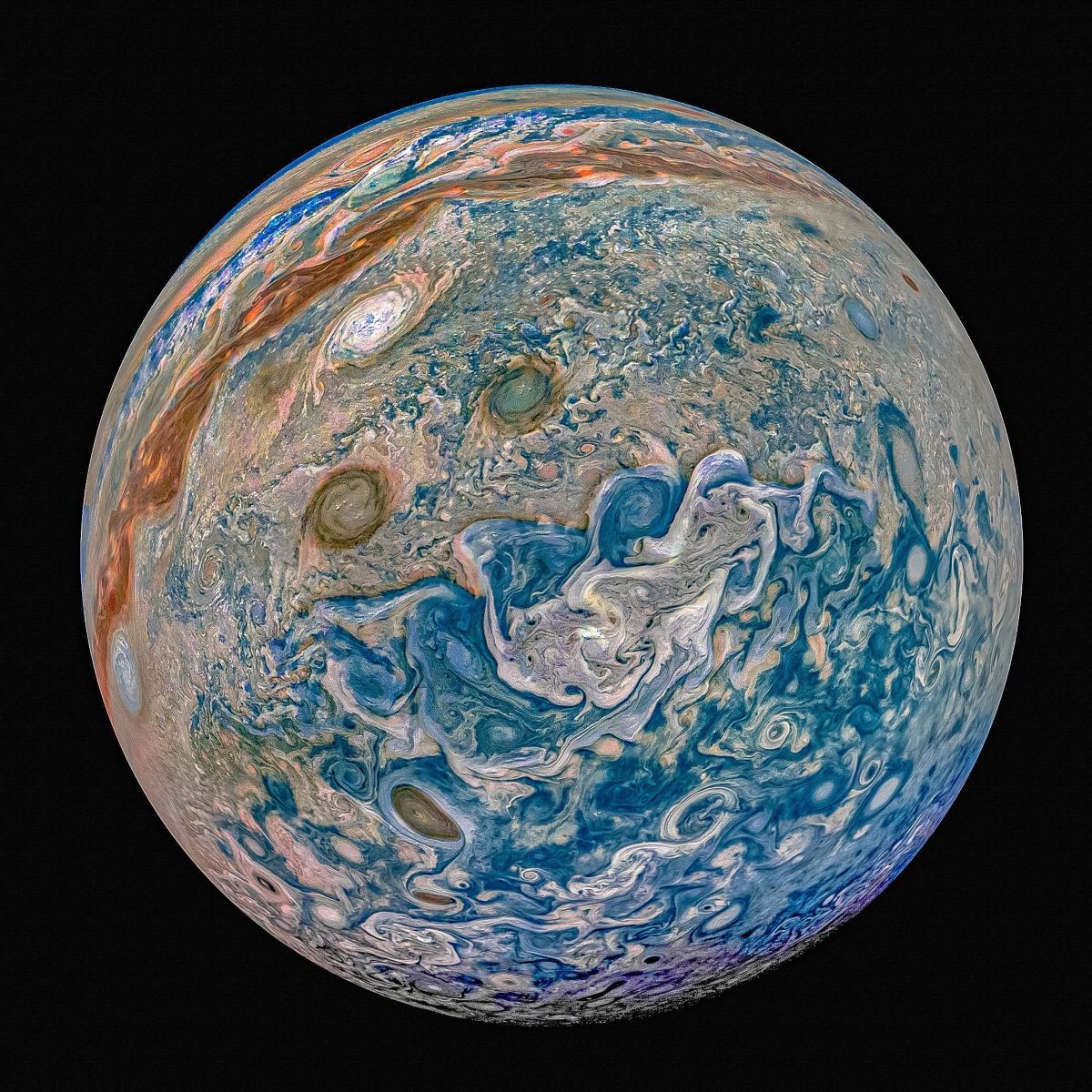 A colorized image of Jupiter's storms