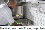 Coworker Demanded The Dishwasher Shut Everything Down Immediately, So He Did And Watched Him Clean Up Two Full Tubs Alone