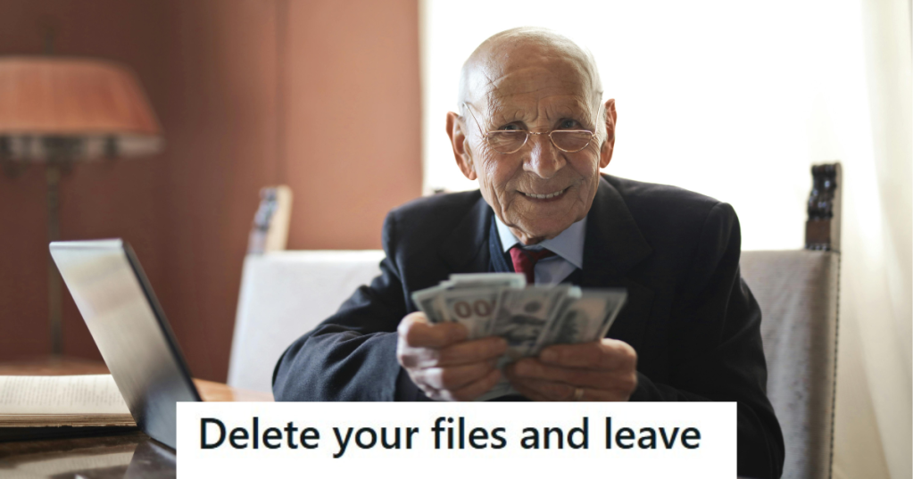 Old man in suit showing money