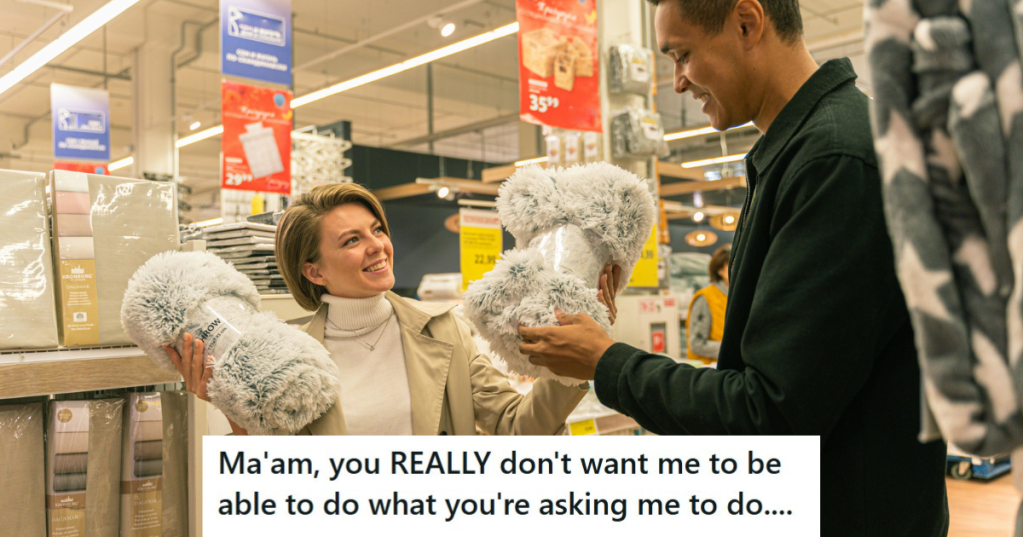 Girl and guy having a discussion in a departmental store