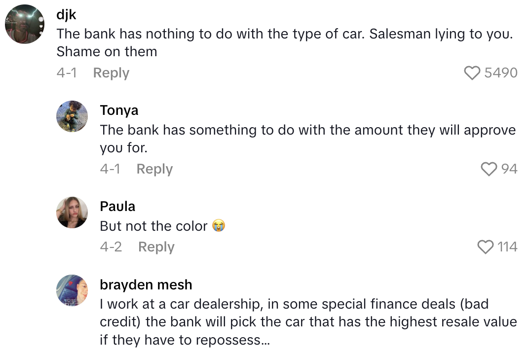 Screenshot 2025 06 01 at 5.09.31 PM A TikTokker Said Her Daughters Bank Decided What Color Car She Could Buy.   She wanted a black car. But the banks pick what you can get.