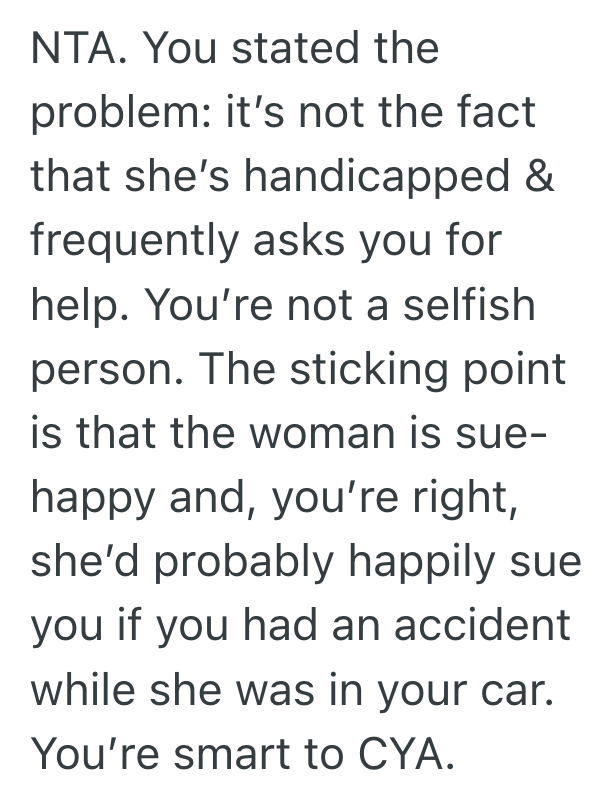 Screenshot 2025 06 13 at 11.27.43%E2%80%AFAM They Wanted To Help Their Disabled Friend Who Constantly Needs Rides, But Her Troubling Legal History Of Suing People Makes Them Hesitant To Get Involved