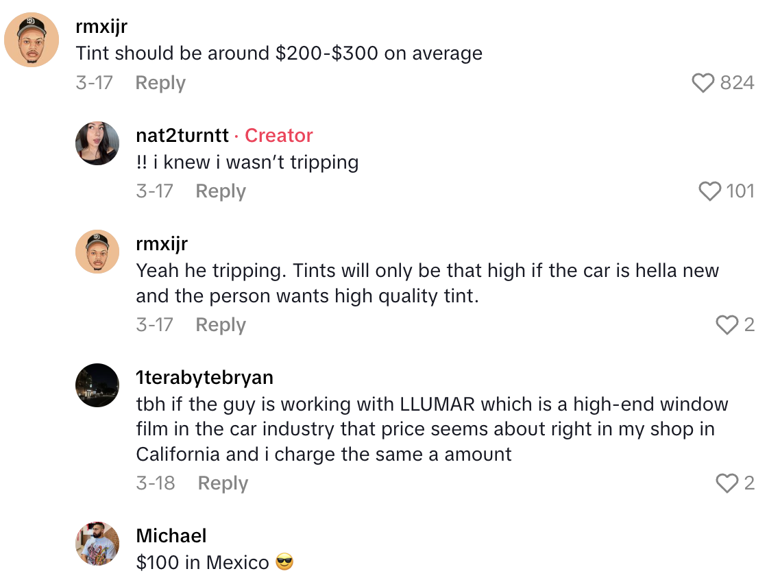 Screenshot 2025 06 21 at 5.35.42 PM A Car Owner Thinks An Auto Care Shop Tried To Rip Her Off When She Asked About Getting Her Windows Tinted