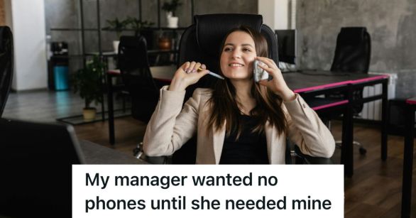 Woman in office chair on cell phone