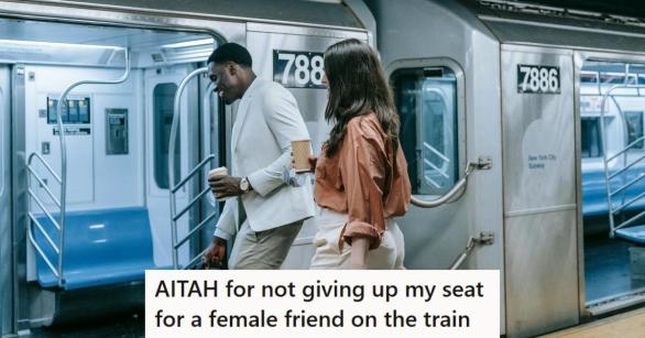 A man and a woman who are friends enter a subway train together