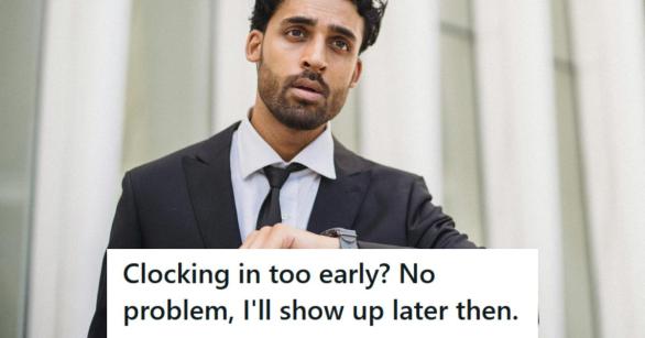 Man looking at his watch to make sure he's not clocking in too early.