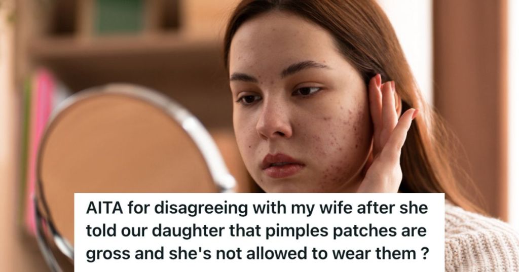 Teenage girl with pimples on her cheeks looking at the mirror