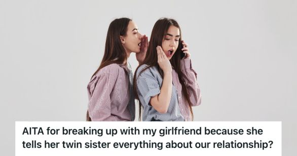 One twin sister is whispering a message to the other while holding up a phone to her ear