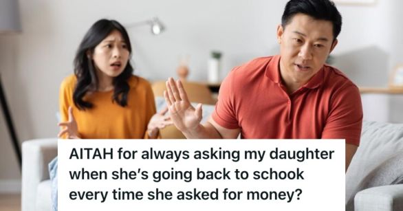 Asian man holding up his hand while a young woman is trying to communicate with him