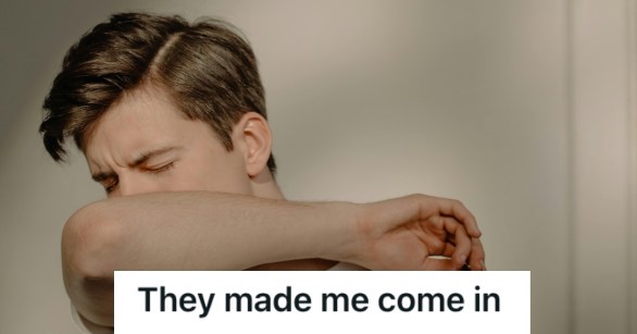 Sick man ciughing on his elbow