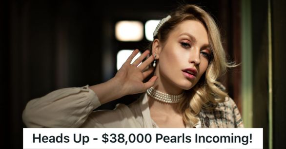 Woman trying on pearl jewelery set